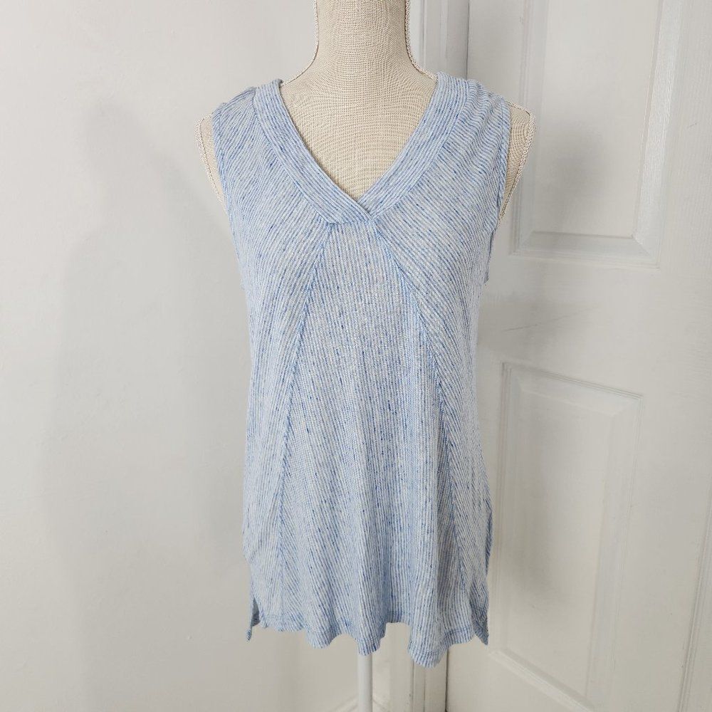 Sigrid Olsen Linen Top Womens Medium Blue Striped Sleeveless Side Slits Beachy